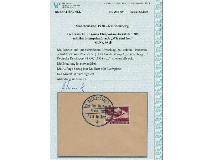 1938, Flugpost 3 Kc., sauber mit Sonderstempel “REICHENBERG 8. OKT. 1938” auf kleinem Blanko-Umschlag, tadellos, Auflage nur 