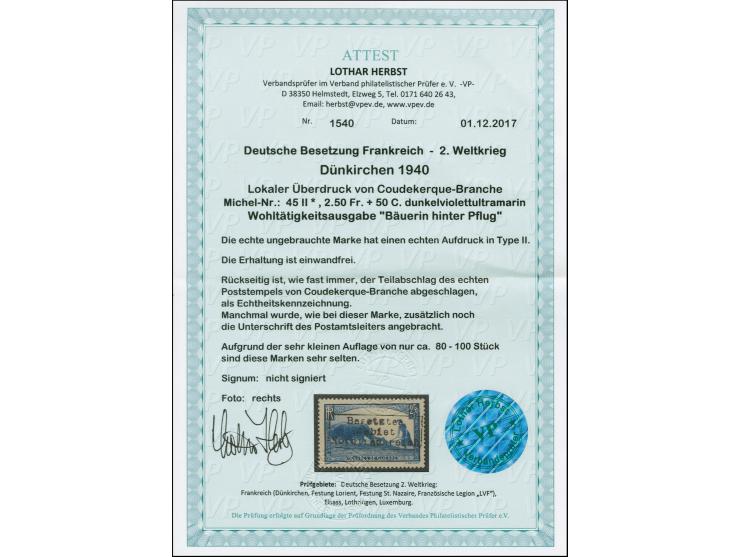 1940, Bäuerin hinter Pflug 2,50 Fr. dunkelviolettultramarin mit Aufdrucktype II, sauber ungebraucht, rückseitig mit Teilabsch