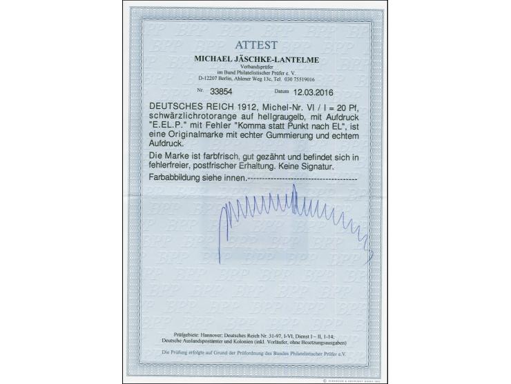 1912, E.EL.P. 20 Pfg., farbfrisch und gut gezähnt, mit Aufdruckfehler “Komma statt Punkt nach EL”, postfrisch, unsigniert, ta