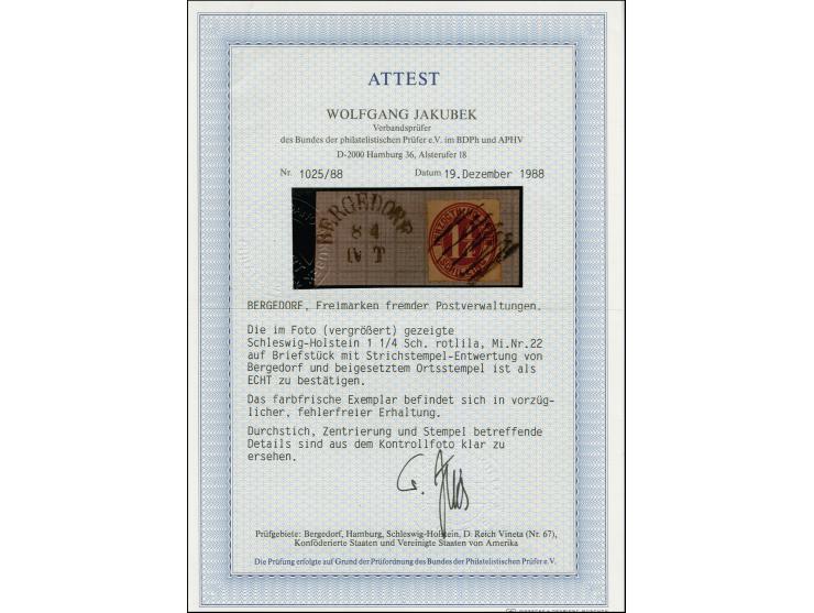 1866, 1 ¼ Sch. rotlila auf großem Briefstück, mit Stichstempel und neben- gesetztem Bergedorfer Ortsstempel, ein attraktives 