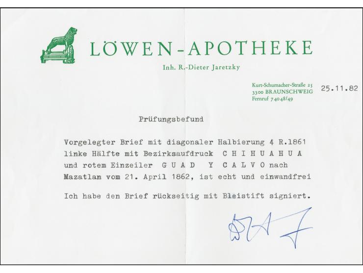 1861, Hidalgo 4 r. on yellow, district overprint “CHIHUAHUA”, diagonally bisected, tied by red straight-line “GUAD Y CALVO” t