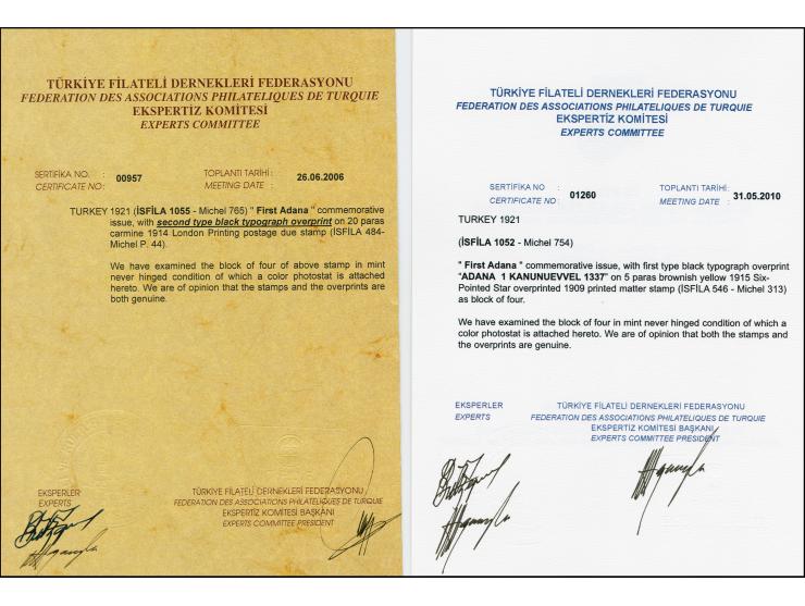 1921, first Adana commemorative issue 5 pa.- 25 pia. Including postage due stamps, the complete set in blocks of 4, mint neve