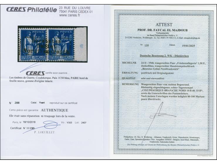 1940, Friedensallegorie 1,50 Fr. dunkelblau &nbsp;im waagerechten Seitenrandpaar mit Aufdrucktype II, postfrisch, rückseitig 