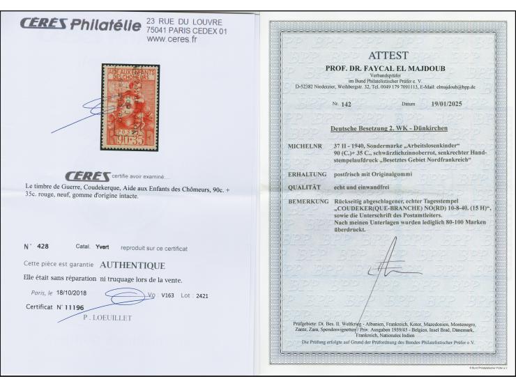 1940, Arbeitslosenkinder 90 C. schwärzlichzinnoberrot mit Aufdrucktype II, postfrisch, rückseitig mit Teilabschlag des Postst