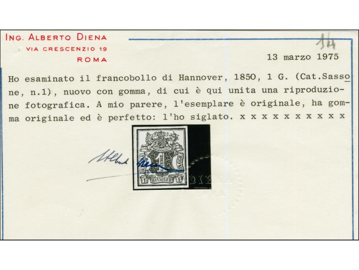 1 Ggr. auf graublau, farbfrisch und gleichmäßig gut gerandet, ungebraucht mit Teilen des Originalgummis. Eine seltene Marke i