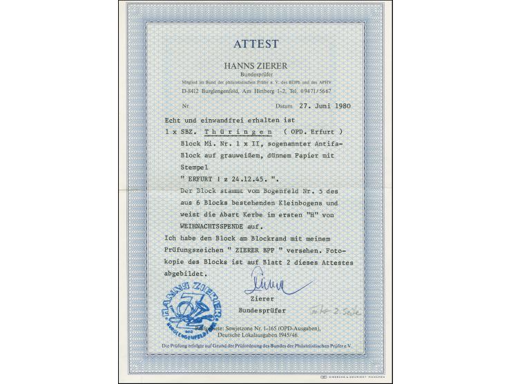 1945, Antifa-Block auf gelblichgrauem Papier (Blocktype II) aus der linken unteren Kleinbogenecke, sauber gestempelt “ERFURT 