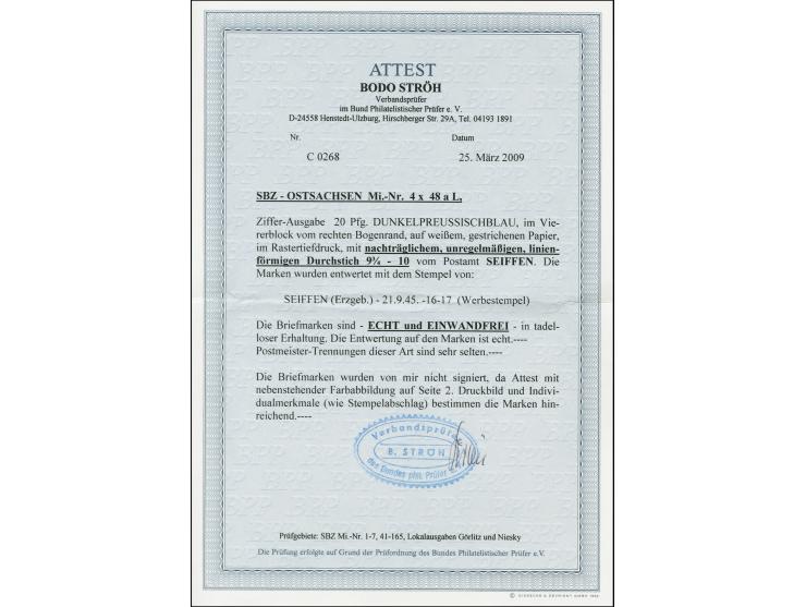 1945, Seiffen mit nachträglichem Durchstich L 9 ¾-10: 20 Pfg. dunkelpreußischblau im 4er-Block vom rechten Seitenrand mit zen