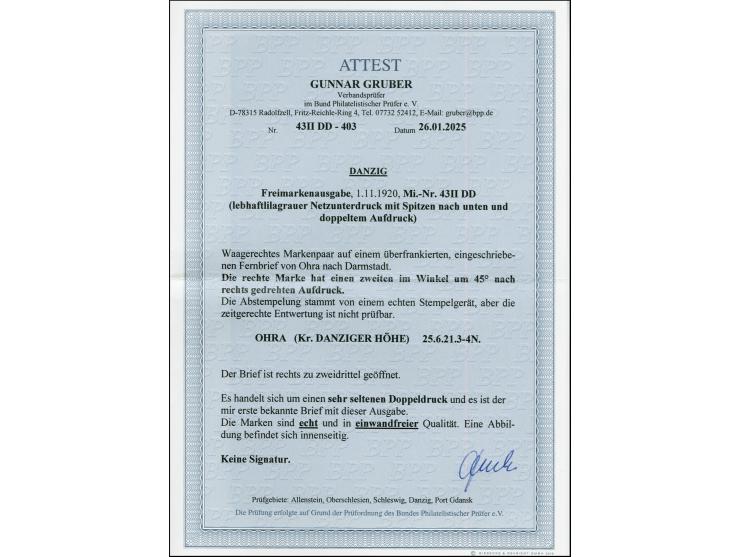 1920, Germania mit lebhaftlilagrauem Netzunterdruck 2 M. auf 35 Pfg., Spitzen nach unten, waagerechtes Paar, Felder 58-59, da