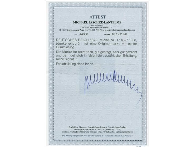 ⅓ Gr. olivgrün, farbfrisch, gut geprägt und sehr gut gezähnt, postfrisch, unsigniert, tadellos, Fotoattest Jäschke-L. BPP (20