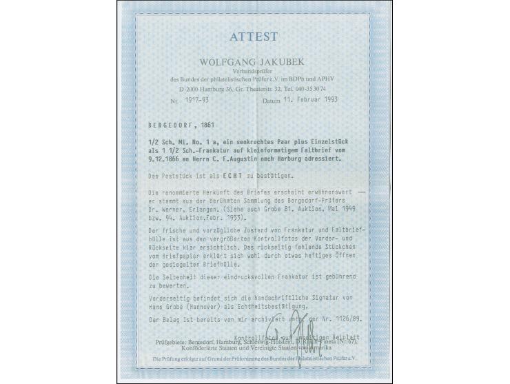 1861, ½ Schilling auf blau, senkrechtes Paar und Einzelstück, alle voll- bis überrandig mit sauber aufgesetzten Strichstempel