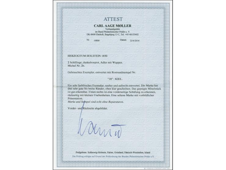 1850, 2 Sch. dunkelrosarot, oben voll- sonst allseits breitrandig und farbfrisch mit zentrisch und leicht aufgesetztem Rostst