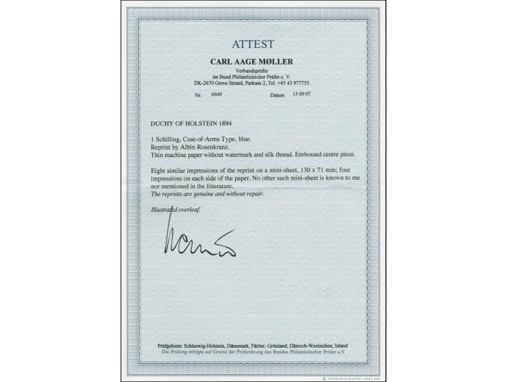 Rosenkranz"sche Neudrucke mit Wappenprägung, 1 Sch. blau im Kleinbogenformat (130x71mm) auf ungummiertem Maschinenpapier, mit