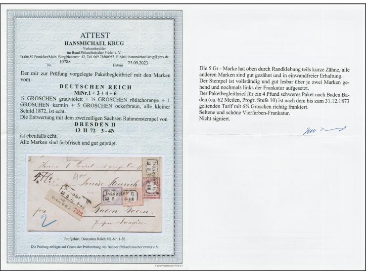 1872, Kleiner Schild ¼ Gr. grauviolett, ½ Gr. rötlichorange, 1 Gr. karmin sowie 5 Gr. ockerbraun, farbfrisch und gut geprägt,