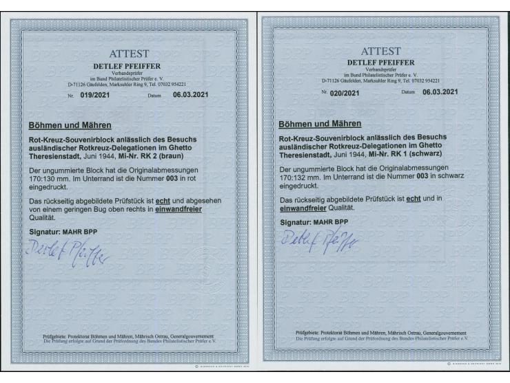 1944, zwei Rot-Kreuz-Souvenirblocks mit Zulasungsmarke in schwarz bzw. braun, mit einheitlicher Nummer “003”, ungezähnt, unge