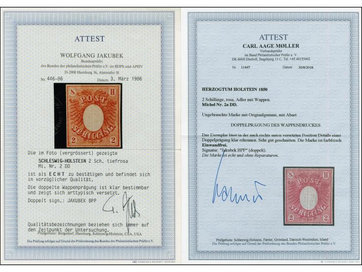 2 Schilling rosa mit doppelter Wappenprägung, farbfrisch und voll- bis meist breitrandig, ungebraucht ohne Gummi, tadellos, e