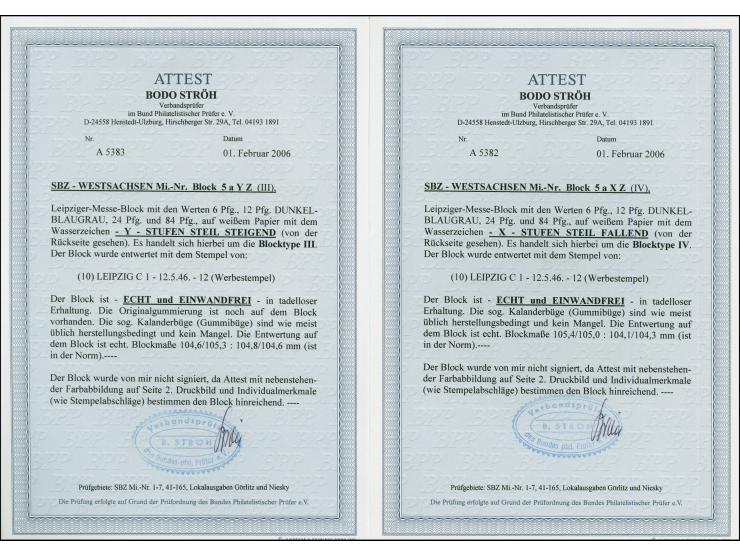 1946, Leipziger Messe Block-Paar mit Wasserzeichen “Stufen steil fallend” bzw. “Stufen steil steigend”, je mit Sonderstempel 