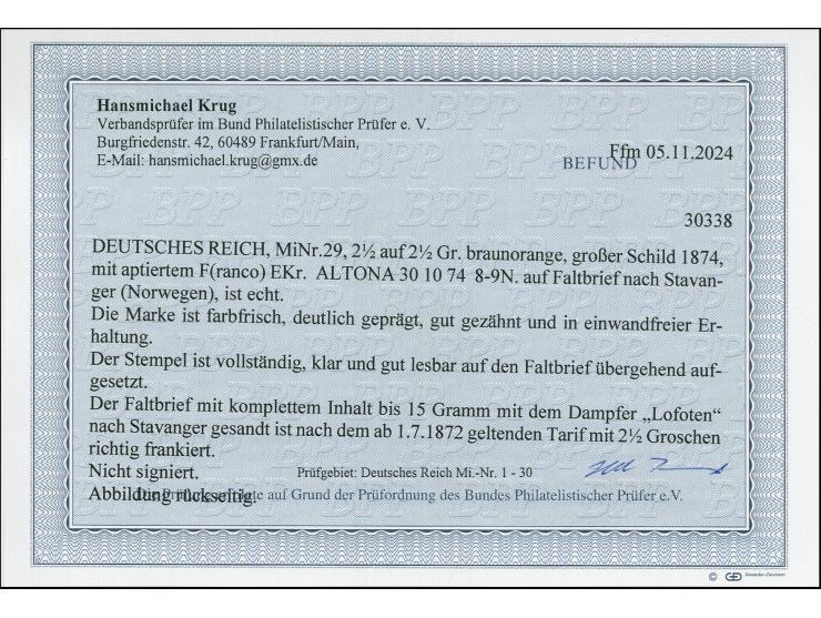 2½ auf 2½ Gr. braunorange, farbfrisch, deutlich geprägt und gut gezähnt mit EKr. “ALTONA 30.6.74” als tarifgerechte Einzelfra