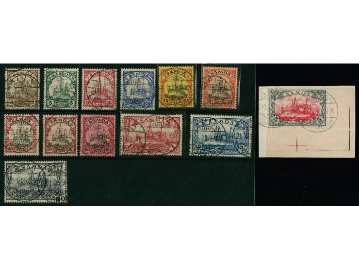 1900, Kaiseryacht 3 Pfennig bis 5 Mark &nbsp;komplett, dabei 5 Mark aus der linken Bogenecke auf Briefstück, einheitlich mit 