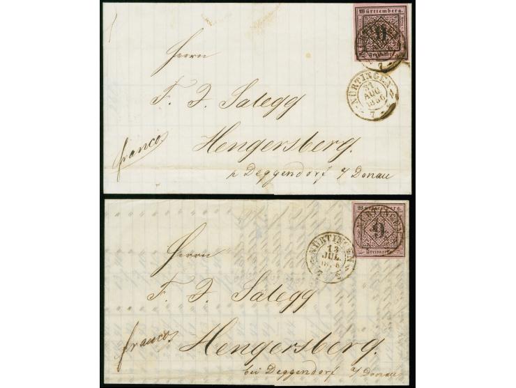 9 Kr. auf lebhaftrosa und auf dunkelrosa, jeweils voll- bis breitrandig, auf zwei Faltbriefen mit DKr. von Nürtingen, 1856 an