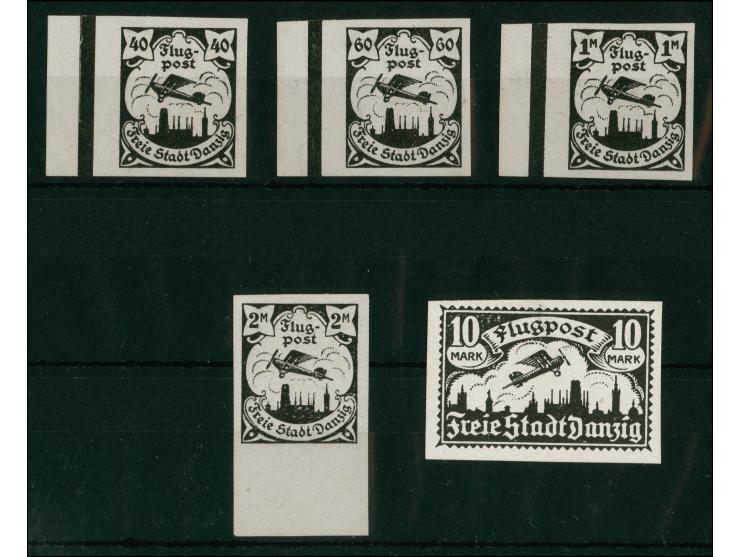 1921, Flugpost 40-60 Pfg. sowie 1-2 und 10 M., ungezähnte Probedrucke in schwarz auf Kreidepapier ohne Wasserzeichen, 40-60 P