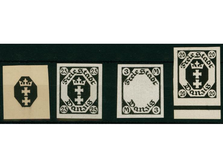 1921, Kleines Staatswappen 20-25 Pfg., Probedrucke in schwarz auf Kreidepapier sowie 3 M. Druck nur des Rahmens in schwarz au