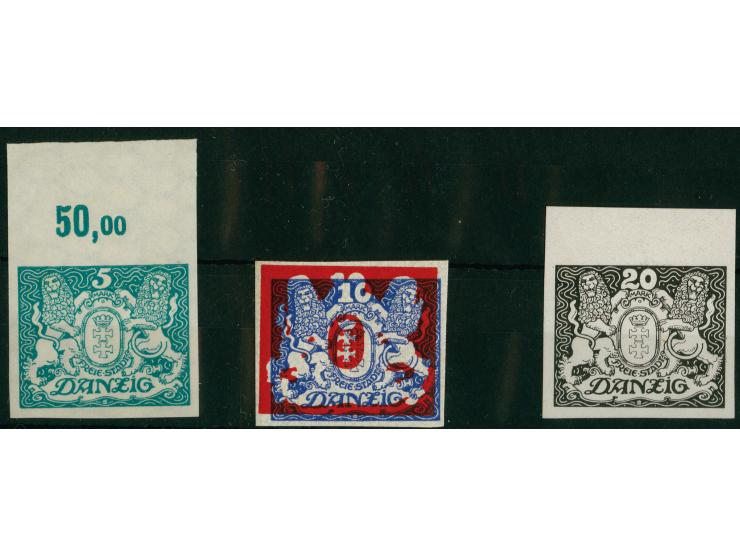 1921, Großes Staatswappen, Probedrucke, 5 M. undurchstochen, Oberrandstück in grün auf Wasserzeichenpapier, 10 M. undurchstoc