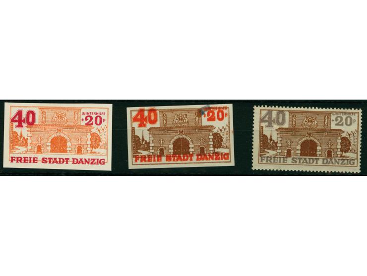 1936, WHW 40 Pfg., zwei ungezähnte Probedrucke in abweichenden Farben sowie gezähnter grau/dunkelbraunkarmin, ein ungezähnter