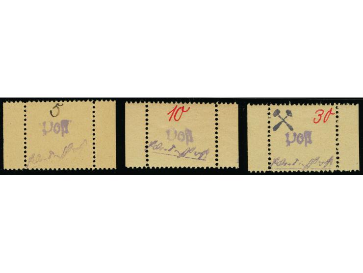 1945, Gebührenzettel 5, 10 und 30 Pfg. auf gelbem Papier mit violettem Kurzschriftstempel, aus Markenstreifen mit ca. 8mm lin