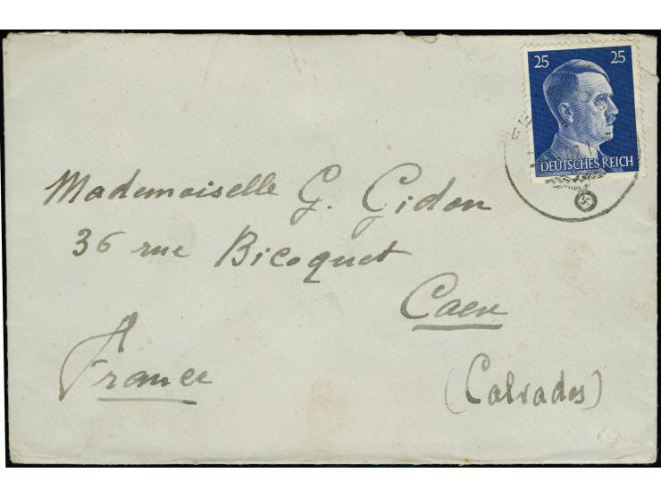 1943, Hitler 25 Pfg. mit Feldpost-Normstempel “g 2.1.43” auf Brief mit rückseitiger Absenderangabe von Jersey und neutraler V