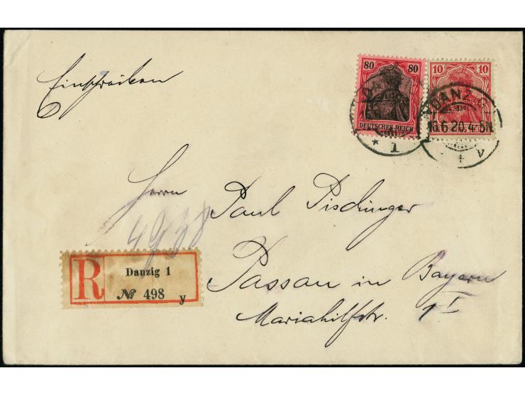 1920, Germania 80 Pfg. karmin (metallisch glänzend)/schwarz auf hellrot und 10 Pfg. dunkelkarminrot je mit klarem Stempel “DA