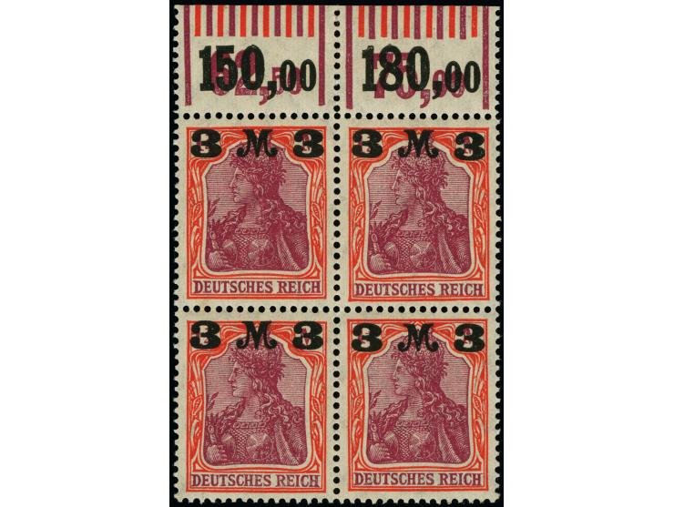 1921, 3 M. auf 1¼ M. im Oberrand-Viererblock, Plattenfehler “Wertziffer 3 tieferstehend” (Feld 6), postfrisch, einwandfrei, F