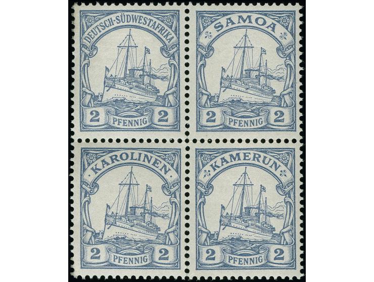 1900, Kaiseryacht 2 Pfennig Probedruck graublau, vier Stück mit Inschrift “DEUTSCH-SÜDWESTAFRIKA”, “SAMOA”, “KAROLINEN” und “