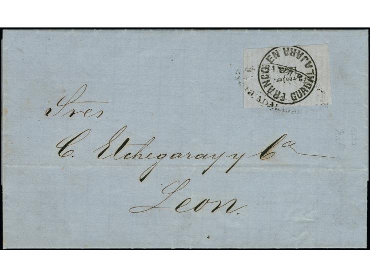 1868, laid paper 2 r. on lilac, tied by oval "FRANQUEADO EN GUADALAJARA" to entire letter to Leon. Fine and fresh. Certificat