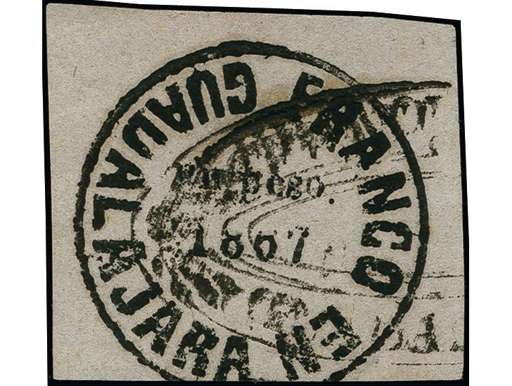 'un peso' on lilac, cut into at base, otherwise wide margins, used with fancy Guadalajara datestamp. Very fine. A very rare s