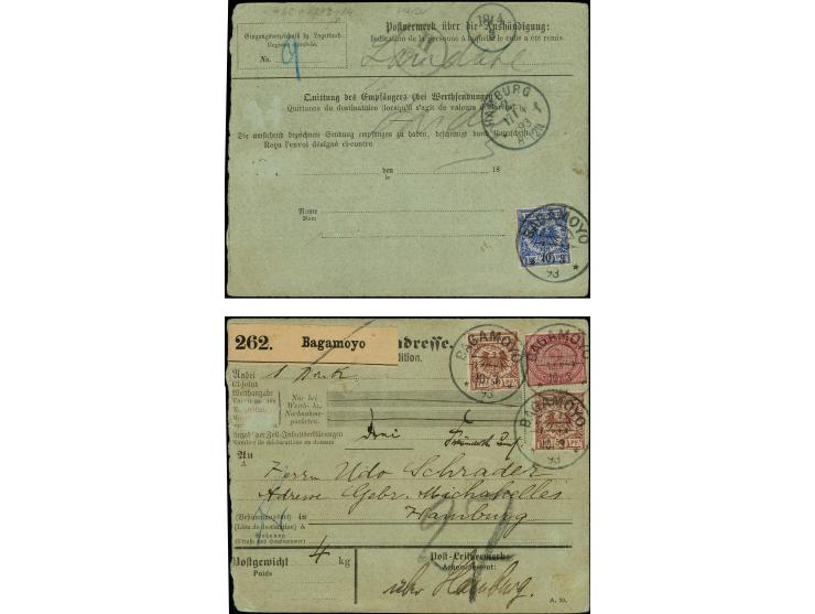 1890, 2 Mark dunkelrotkarmin und zwei Einzelmarken Krone/Adler 50 Pfennig lebhaftrötlichbraun und rückseitig Einzelmarke 20 P