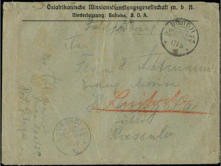 1916, Feldpost-Briefumschlag (alter Vordruck “Ostafrikanische Missionshandlungsgesellschaft…Bukoba D.O.A.” mit Aufgabestempel