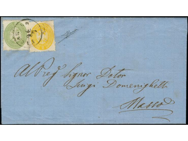 "FICAROLO 26/7", EKr. auf 1863, 2 Soldi und 3 Soldi auf komplettem Faltbrief nach Massa (Sassone 7 Punkte)