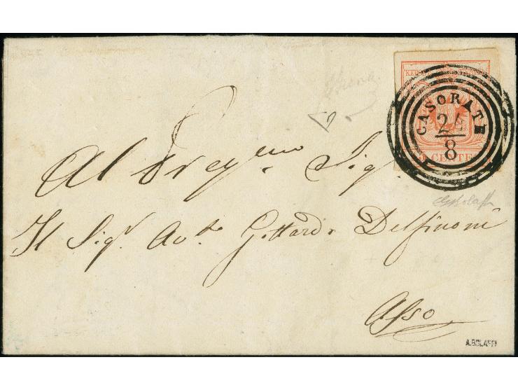 "CASORATE 24/8", Vierkreisstempel klar auf Maschinenpapier 15 Centesimi, allseits breitrandig, auf kleiner Briefhülle nach As