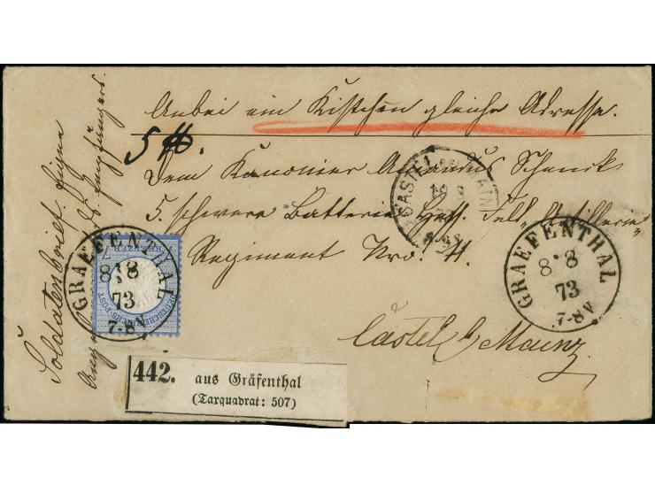 7 Kreuzer grauultramarin, farbfrisch, gut geprägt und gut gezähnt mit klarem EKr. “GRAEFENTHAL 8.8.73” auf Paketbegleit-Brief