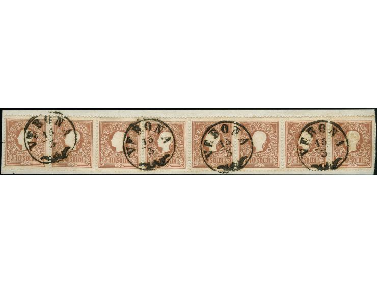 "VERONA 15/3", EKr., auf 1858, 10 Soldi in Type I, waagerechter 8er-Streifen, auf Briefstück. Farbfrisch und gut gezähnt, zwi