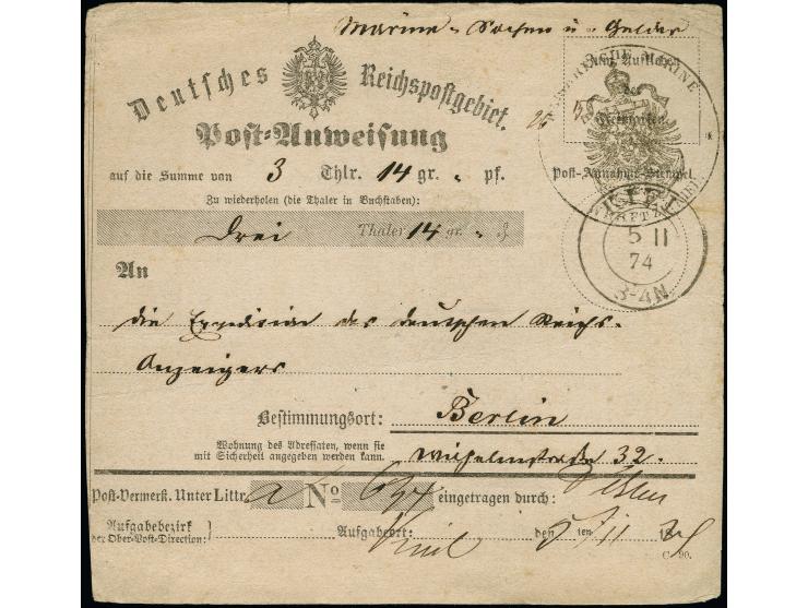 1874, portofreie Dienst-Postanweisung (Formular C. 90) von “KIEL 5.1.74” über 3 Thaler 14 Groschen mit Briefstempel “KAISERLI