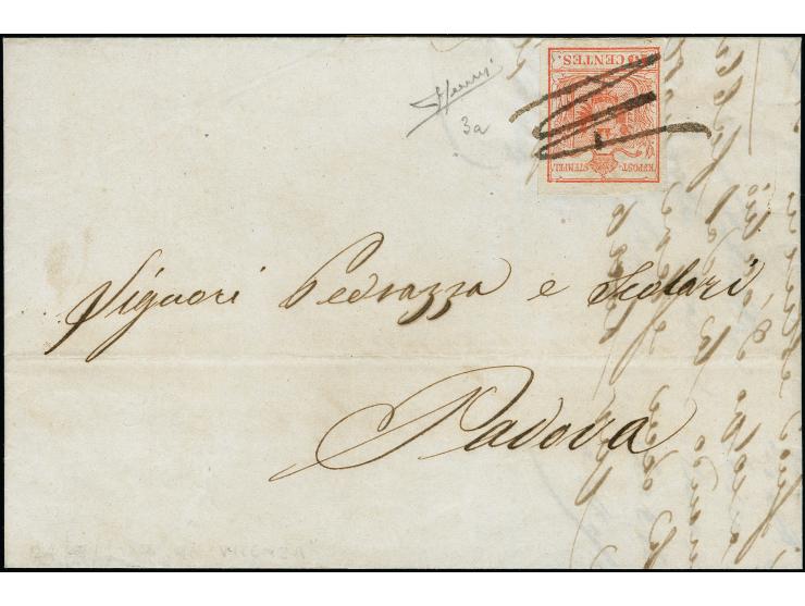 VICENZA: alleinige handschriftlicher Entwertung auf Erstdruck 15 Centesimi, auf Faltbrief vom 24.7.1850 nach Padua. Signiert 