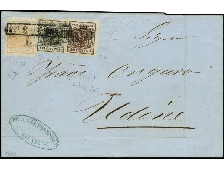 "MILANO/2-3/53", Ra. auf Handpapier 5 Centesimi, 10 Centesimi und 30 Centesimi, alle breitrandig, auf Briefhülle nach Udine. 