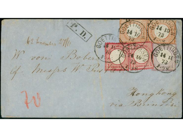 ¼ Groschen grauviolett, zwei Einzelmarken 1 Groschen karmin und senkrechtes Paar 2½ Groschen rötlichbraun je mit EKr. “GOETTI