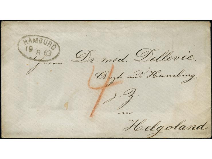 1863, weißes Kuvert ab “HAMBURG 19 8 63” adressiert an Dr. med Dellevie Arzt zu Hamburg z.Z. in Helgoland", gering unfrisch, 