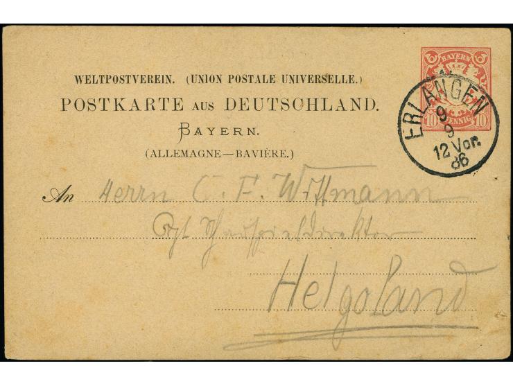 Ganzsachenkarte 10 Pfennig rot ab “ERLANGEN 9 9 12 Vor 86”, adressiert an den Theater Director C.F. Wittmann auf Helgoland, d