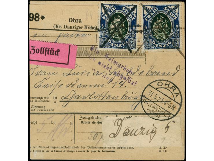 1921, Kogge 2 Mark, zwei Einzelmarken mit Tinten-Entwertung als tarifgerechte Mehrfachfrankatur auf Paketkarten-Stammteil mit