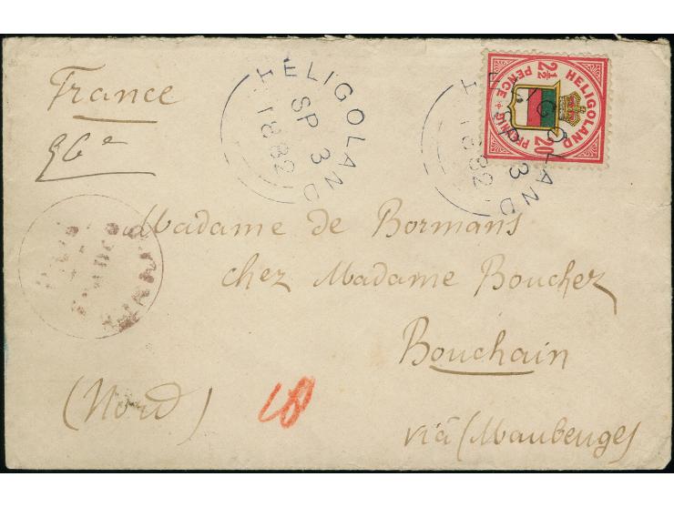 1876, 20 Pfennig hellrosalila/graugelb/graugrün, sauber mit Kreisbogenstempel “HELIGOLAND SP 3 1882” auf Briefkuvert mit nebe
