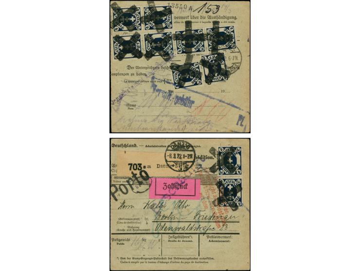 1922, Staatswappen 4 Mark dunkelviolettultramarin im senkrechten Dreierstreifen, zwei senkrechten Paaren und drei Einzelmarke