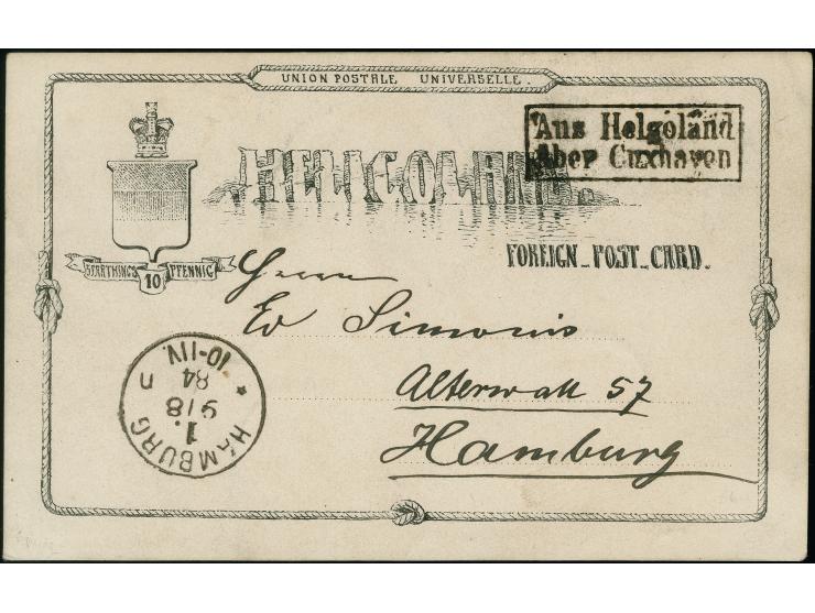 “Aus Helgoland über Cuxhaven", Ra2, sauber und klar auf Ganzsachenkarte 10 Pfennig schwarz nach Hamburg mit vorderseitigem Au